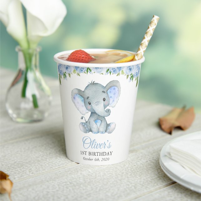 Elephant, Blue Watercolor Flowers, First Birthday Paper Cups (Insitu)