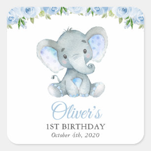Elephant, Blue Watercolor Flowers, First Birthday Square Sticker