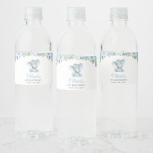 Elephant, Blue Watercolor Flowers, First Birthday Water Bottle Label