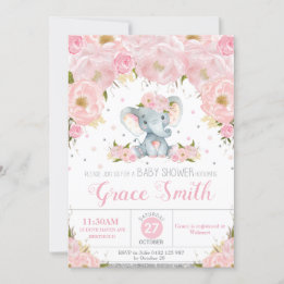 Elephant Blush Floral Baby Shower Silver Glitter Invitation