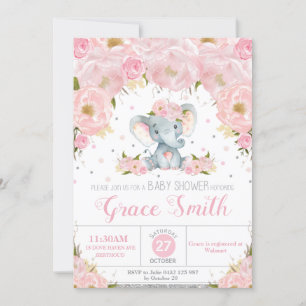 Elephant Blush Floral Baby Shower Silver Glitter Invitation