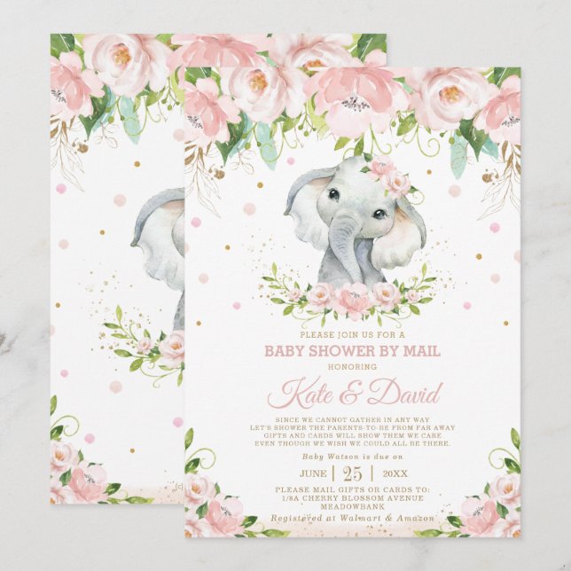 Elephant Blush Floral Virtual Baby Shower by Mail Invitation (Front/Back)