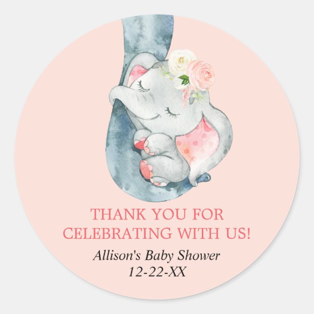 Elephant blush pink cream floral classic round sticker (Front)