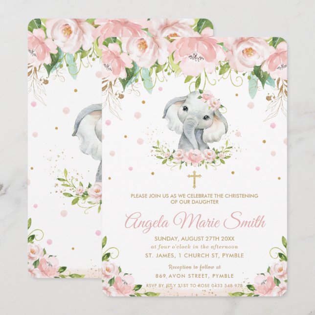 Elephant Blush Pink Floral Baptism Christening Invitation (Front/Back)