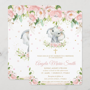 Elephant Blush Pink Floral Baptism Christening Invitation