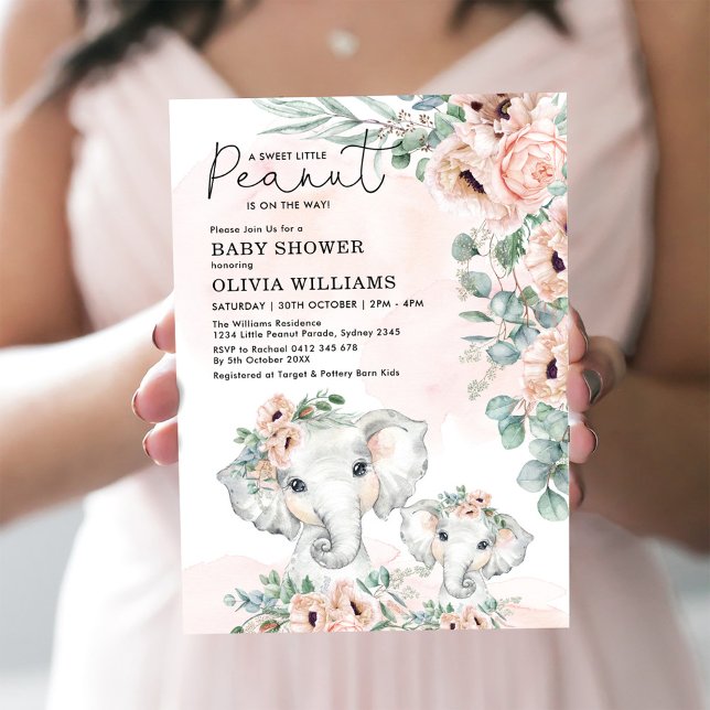 Elephant Blush Pink Floral Greenery Baby Shower Invitation (Creator Uploaded)