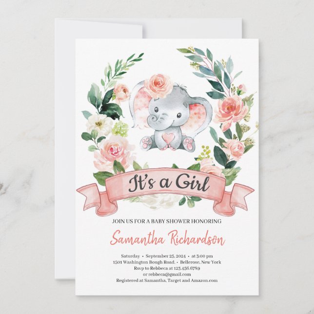 Elephant Blush Pink Floral Rustic It's A Girl Baby Invitation (Front)