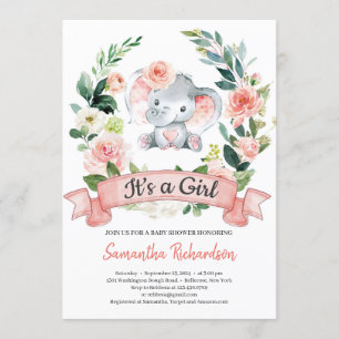 Elephant Blush Pink Floral Rustic It's A Girl Baby Invitation