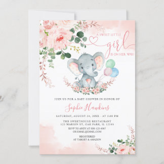 Elephant Blush Pink Sweet Little Girl Baby Shower Invitation