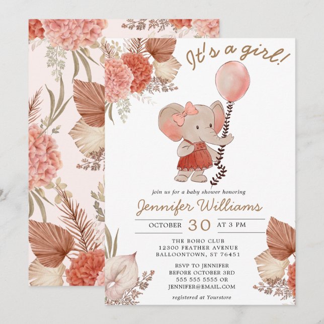 Elephant Boho Floral Baby Shower Girl Invitation (Front/Back)