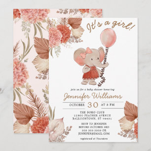 Elephant Boho Floral Baby Shower Girl Invitation