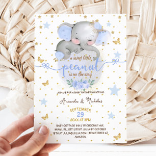 Elephant Botanical Pastel Blue Baby Boy Shower Invitation