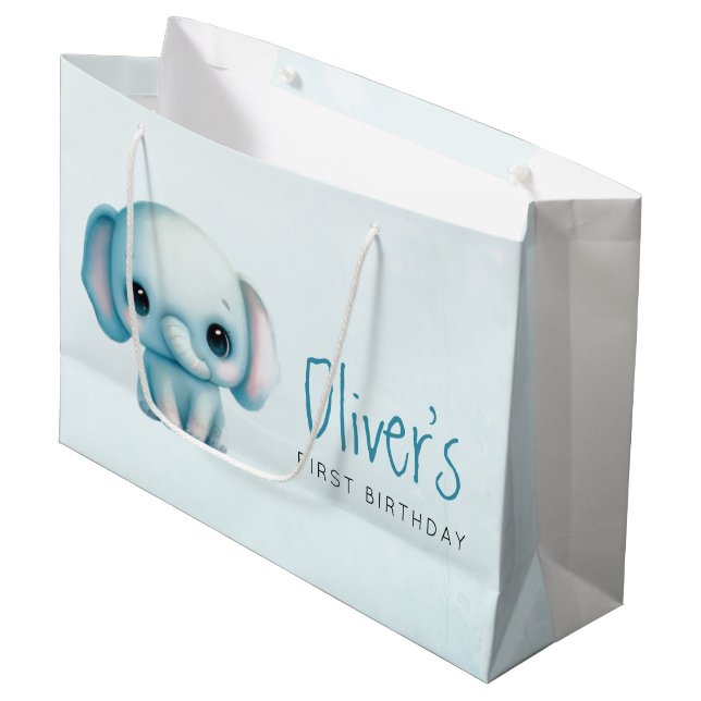 Elephant boy 1st birthday  large gift bag (Front Angled)