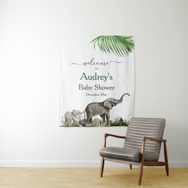 Elephant Boy Baby Shower Backdrop Welcome Sign Tapestry (In Situ)