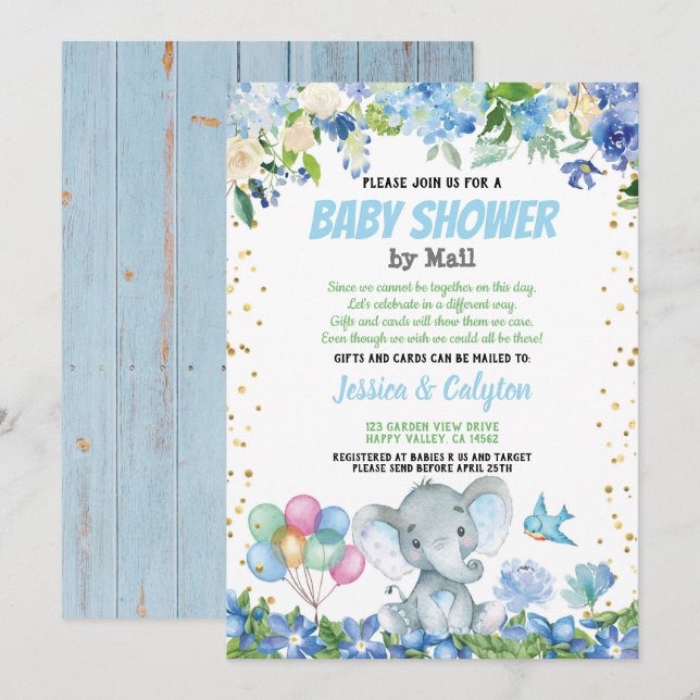Elephant boy baby shower by mail blue floral invitation (Front/Back)
