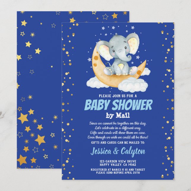 Elephant boy baby shower by mail moon and star invitation (Front/Back)