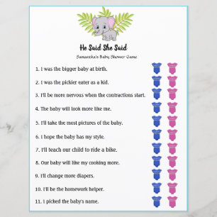 Elephant Boy Baby Shower He Said She Said Game