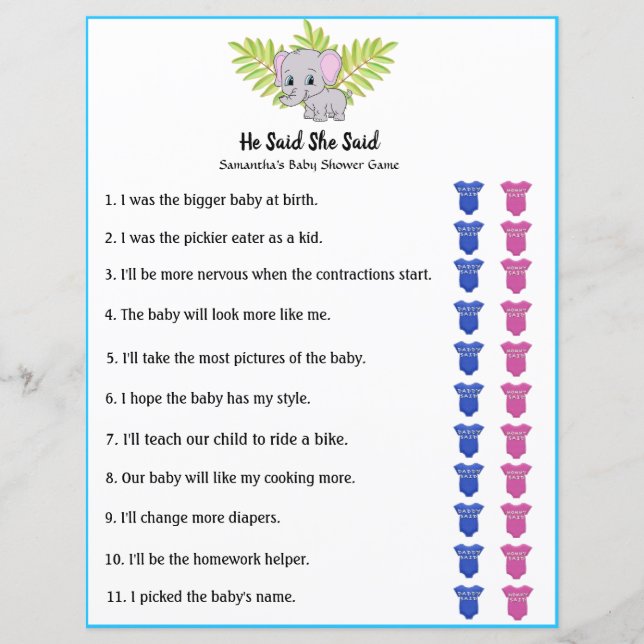 Elephant Boy Baby Shower He Said She Said Game (Front)