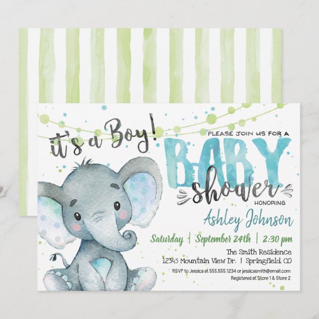 Elephant Boy Baby Shower invitation Blue and Green (Front/Back)