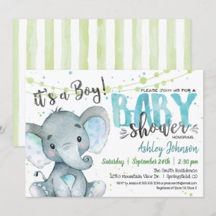 Elephant Boy Baby Shower invitation Blue and Green