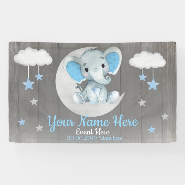 Elephant Boy Backdrop Moon Stars Blue Name Banner (Horizontal)