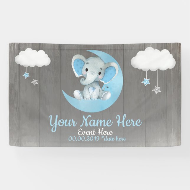 Elephant Boy Backdrop Moon Stars blue Name Stars Banner (Horizontal)