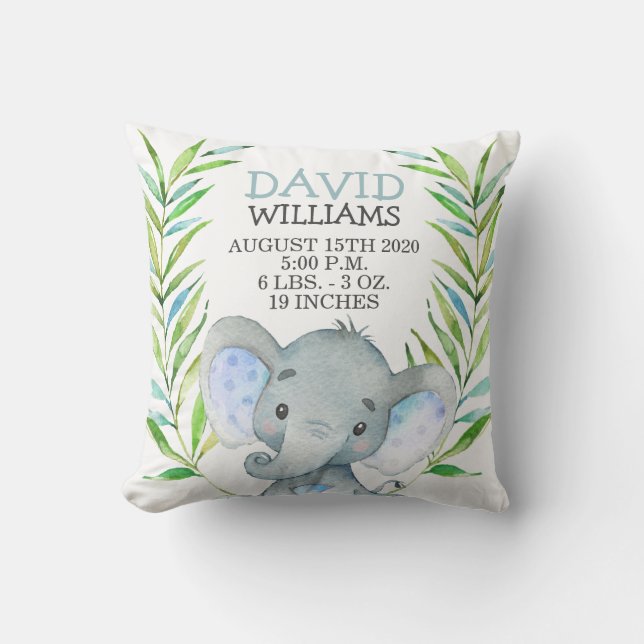 Elephant Boy Birth Stats Jungle Safari Nursery Cushion (Front)