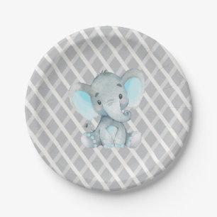 Elephant Boy Blue Baby Shower Paper Plate