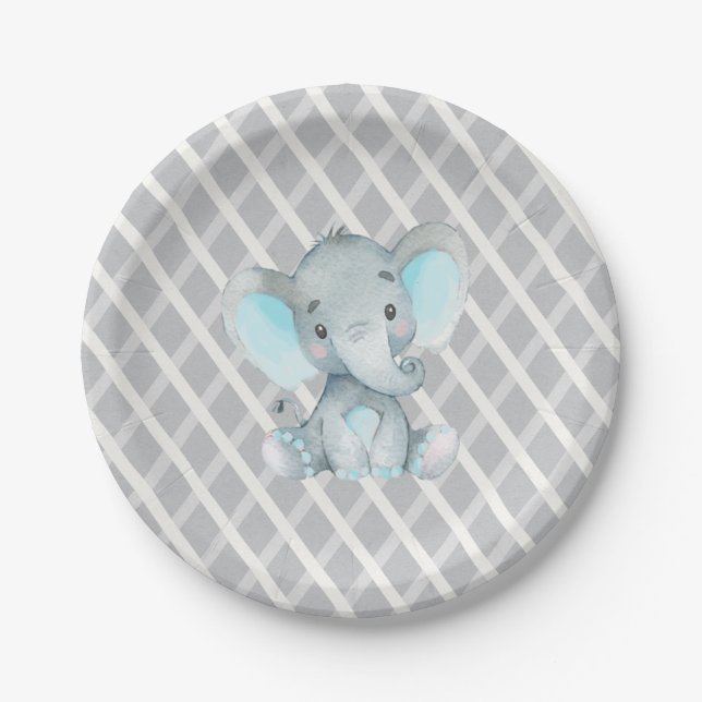 Elephant Boy Blue Baby Shower Paper Plate (Front)