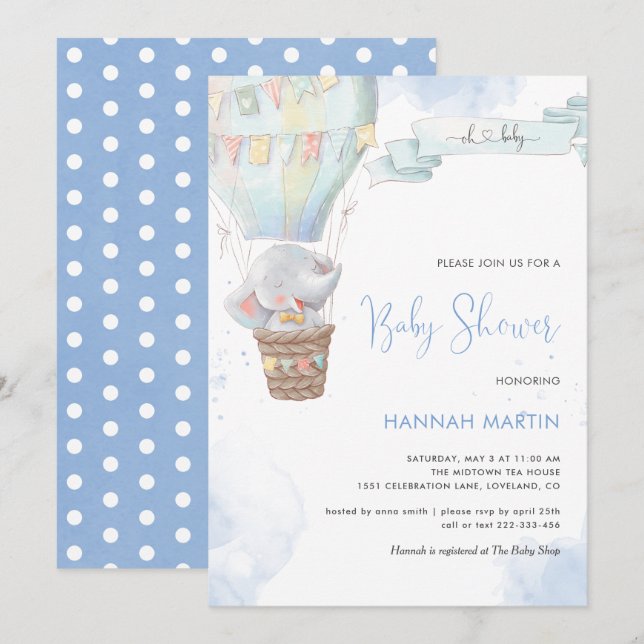 Elephant Boy Blue Balloon Cute Baby Shower Invitation (Front/Back)