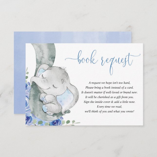 Elephant boy blue floral books for baby request enclosure card (Front/Back)