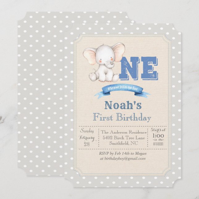 Elephant Boy First 1st Birthday Invitation (Front/Back)