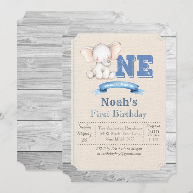 Elephant Boy First 1st Birthday Invitation (Front/Back)