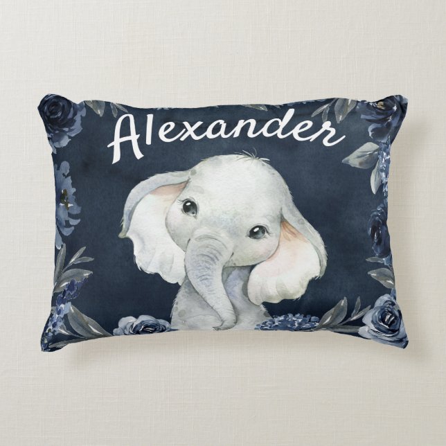 Elephant Boy Navy Rustic Floral Name Roses Decorative Cushion (Front)