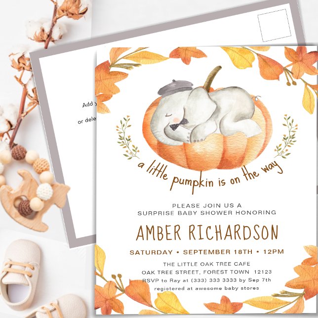 Elephant Boy Surprise Baby Shower Autumn Pumpkin Invitation Postcard (Creator Uploaded)
