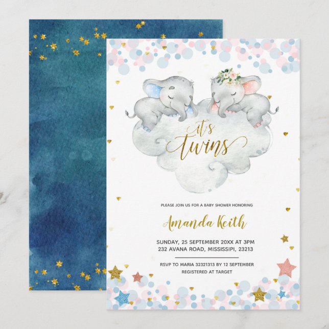 Elephant Boy Twins Baby Shower Invitation (Front/Back)