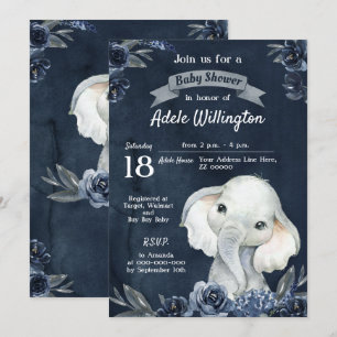 Elephant Boy Watercolor Floral Navy Blue Baby Invitation