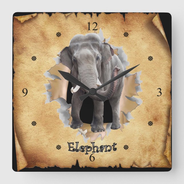 Elephant Breaks Through Paper Bag Clock! ~ Square Wall Clock (Front)