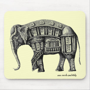 Elephant Building pen ink black and white drawing Mouse Mat
