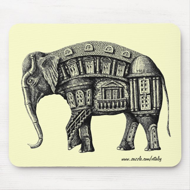 Elephant Building pen ink black and white drawing Mouse Mat (Front)