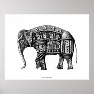 Elephant Building pen ink black and white drawing Poster