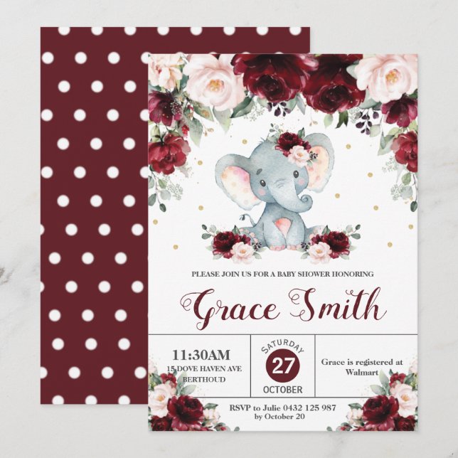 Elephant Burgundy Blush Floral Baby Shower Girl Invitation (Front/Back)