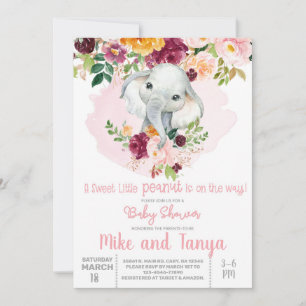 Elephant & burgundy flowers baby shower invitation