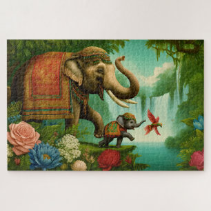 Elephant & Calf Jungle Giants Wildlife Art Jigsaw Puzzle