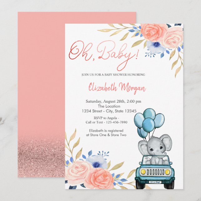 Elephant Car,Balloons Floral Baby Shower Invitation (Front/Back)