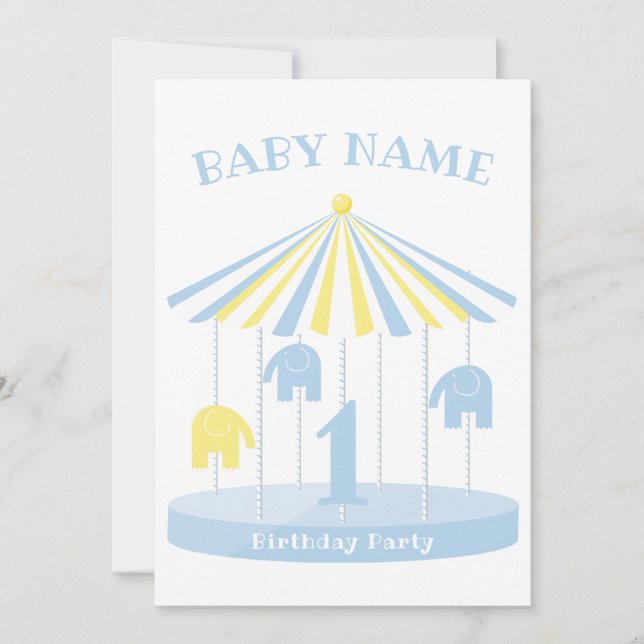 Elephant Carousel Colourful First Invitation (Front)