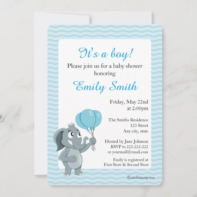 Elephant cartoon baby shower invites (Front)