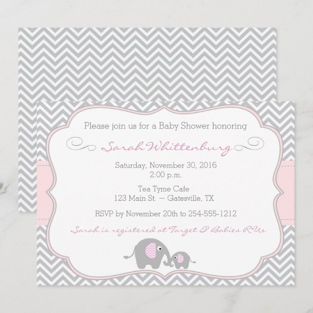 Elephant Chevron Baby Shower Invitation - Pink (Front/Back)