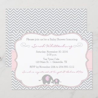 Elephant Chevron Baby Shower Invitation - Pink