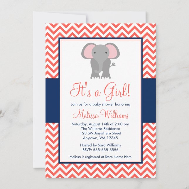 Elephant Chevron Coral Navy Blue Girl Baby Shower Invitation (Front)